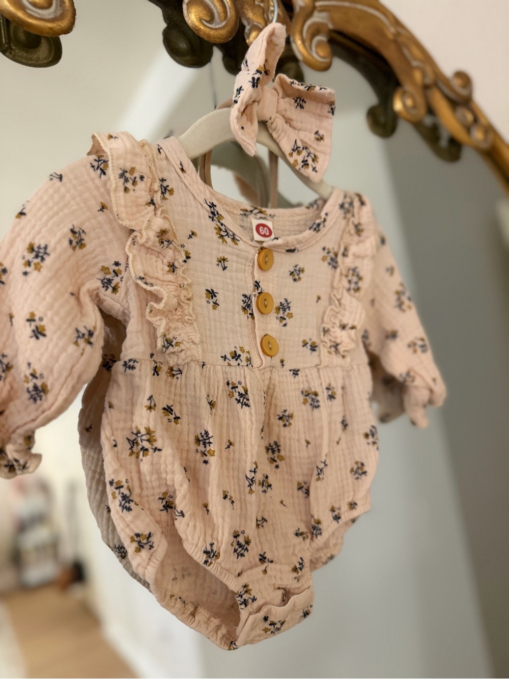 Baby Floral Ruffle Button Romper with Headband - Blush Pink